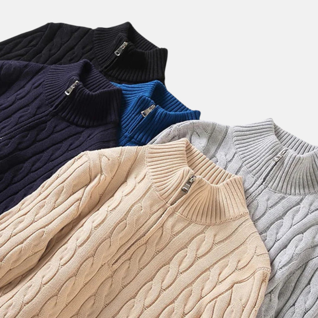 Lior – Męski sweter z bawełny z warkoczem i zamkiem błyskawicznym